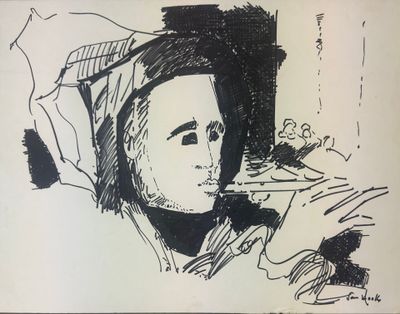 dessin représentant un homme avec une cigarette à la bouche, dans une pièce