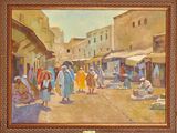 an oil painting of people walking down a street in a town