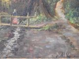 a painting of a woman walking across a bridge