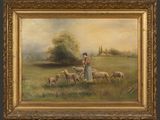 une image représentant un tableau où l'on voit une femme avec des moutons dans un champ