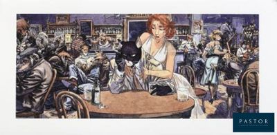 un tableau représentant une femme assise à une table dans un restaurant