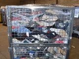 a metal cart filled with lots of items in a warehouse