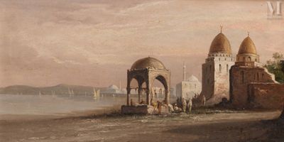 tableau représentant la vue d'un château avec un plan d'eau au premier plan