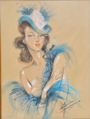tableau représentant une femme en robe bleue, coiffée d'un chapeau orné de plumes