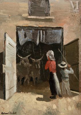 a painting of a man and a woman standing in front of an open door