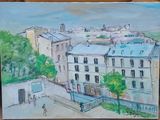 tableau représentant une vue de la ville depuis la fenêtre d'un immeuble