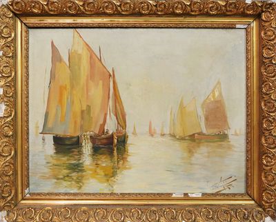 une peinture à l'huile représentant des voiliers sur un plan d'eau