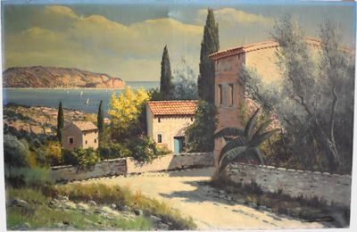 a painting of a house on the side of the road
