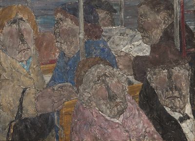 un tableau représentant un groupe de personnes assises dans un bus