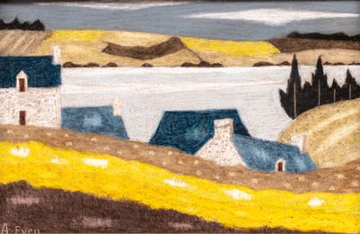 an image of a painting of a landscape with a house and a field