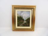 peinture représentant un paysage de montagne avec un ruisseau et une cabane au loin
