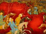 a painting of a group of people riding on horses