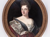 an oval portrait of a woman in a red dress with a tia
