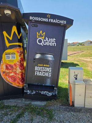 une poubelle sur laquelle est posée une pizza, à côté d'une autre poubelle