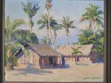 an oil painting of a village scene with palm trees in the background