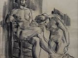 drawing of a couple of nudes sitting on a chair in front of a window