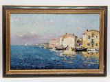 an oil painting of boats in a harbor with buildings in the background