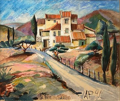 an image of a painting of a house on a hill
