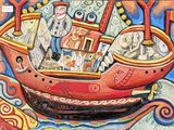a painting of a man in a boat with people on it