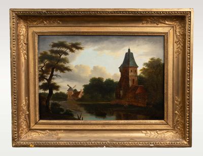 peinture représentant un paysage avec une église et une rivière au premier plan