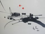 un dessin en noir et blanc représentant un bateau sur l'eau