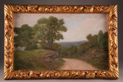 an oil painting of a dirt road with trees in the distance