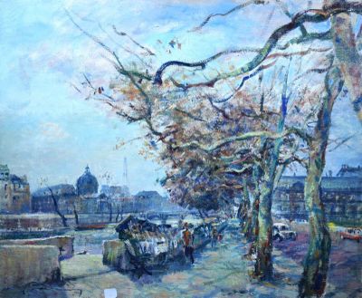 une peinture représentant une scène de rue avec des personnes marchant sur le trottoir