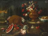 une peinture représentant un vase de fleurs et de fruits sur une table