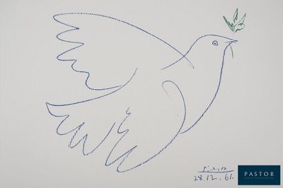 drawing of a white dove with a twig in its beak