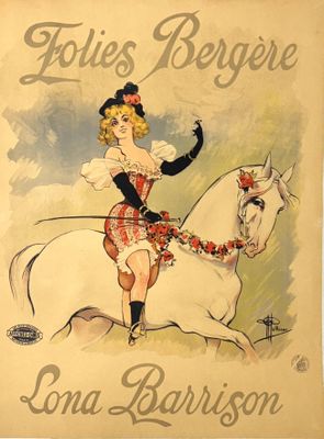 affiche représentant une femme chevauchant un cheval blanc, coiffée d'un chapeau et portant des gants