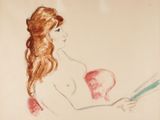 dessin représentant une femme en robe rouge tenant un livre