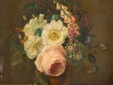 tableau représentant un vase de fleurs posé sur un rebord, avec un papillon
