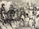 a black and white drawing of a group of people on horses