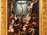 an oil painting of a crucif with a group of people around it