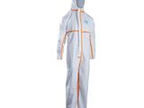 a white and orange coverall with a hood on it