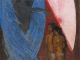 une peinture à l'huile représentant une femme et un enfant avec des parapluies