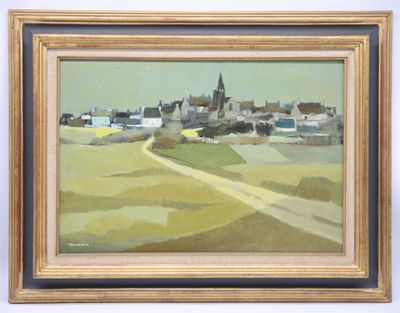 an image of a painting of a village with a road in the foreground