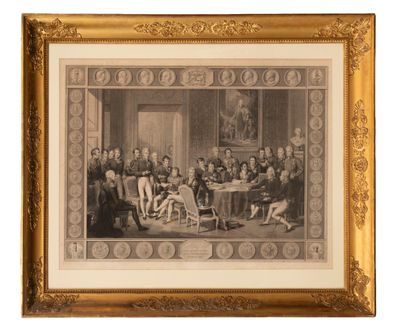 une photo en noir et blanc montrant un groupe de personnes assises autour d'une table