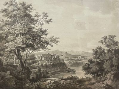 peinture d'un paysage avec une rivière et un château au loin