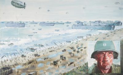 a painting of a man wearing a helmet on the beach