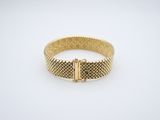a gold mesh bracelet with a blue stone in the center