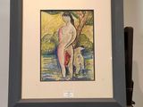 une photo d'un tableau représentant une femme et un chien, posé sur un chevalet