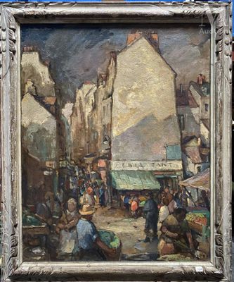 une peinture à l'huile représentant une scène de rue avec un marché au premier plan