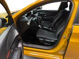 a yellow car with its door open and a black seat in it