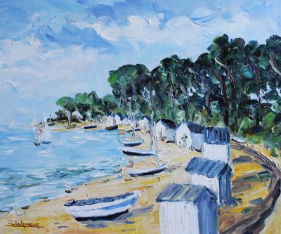 une peinture de bateaux sur le rivage d'une plage