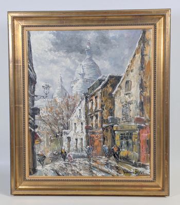 une peinture à l'huile représentant une scène de rue avec, en arrière-plan, des bâtiments et une tour horloge