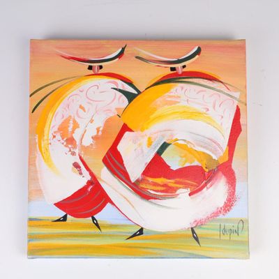 a painting on the wall of a couple of birds