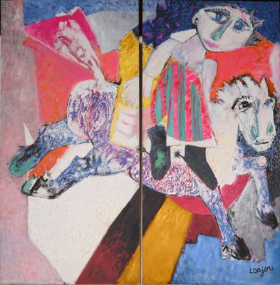 tableau représentant une femme à cheval et un homme à cheval