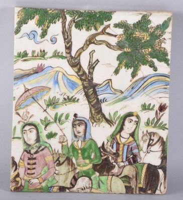 painting of a group of people sitting under a tree on a tile