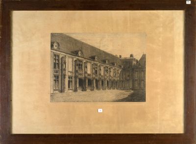 an old picture of a building with a clock on the front of it